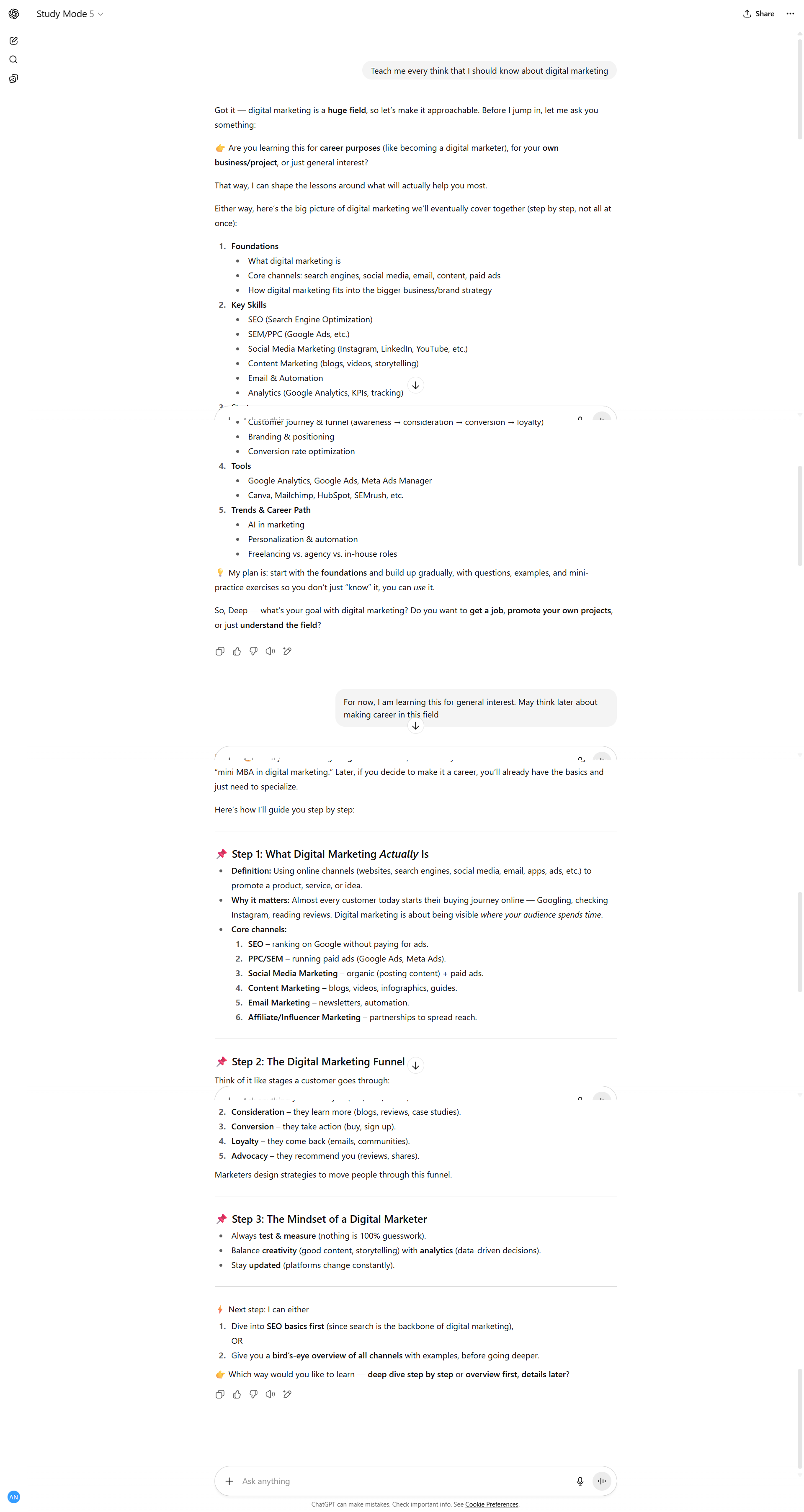 A screenshot of a conversation with ChatGPT in study mode.